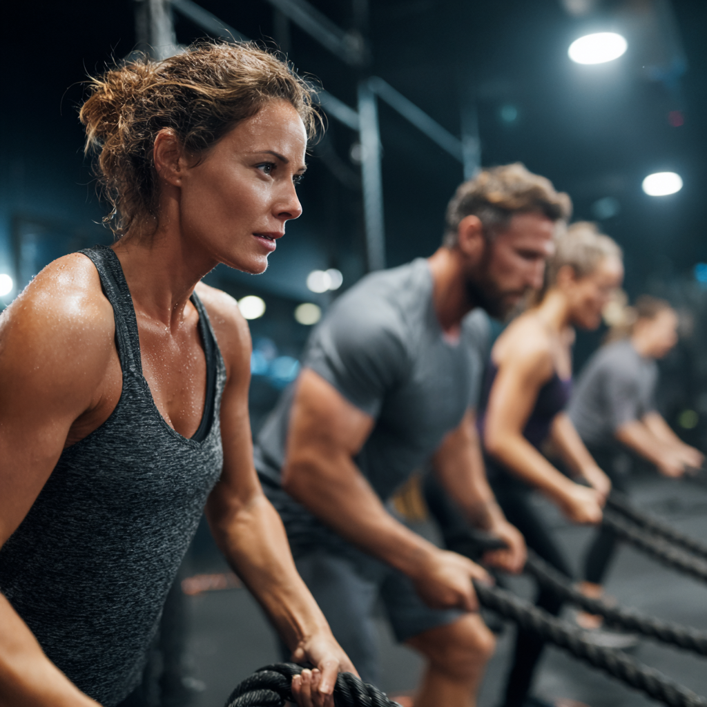 Active adults practicing functional training in modern gym environment