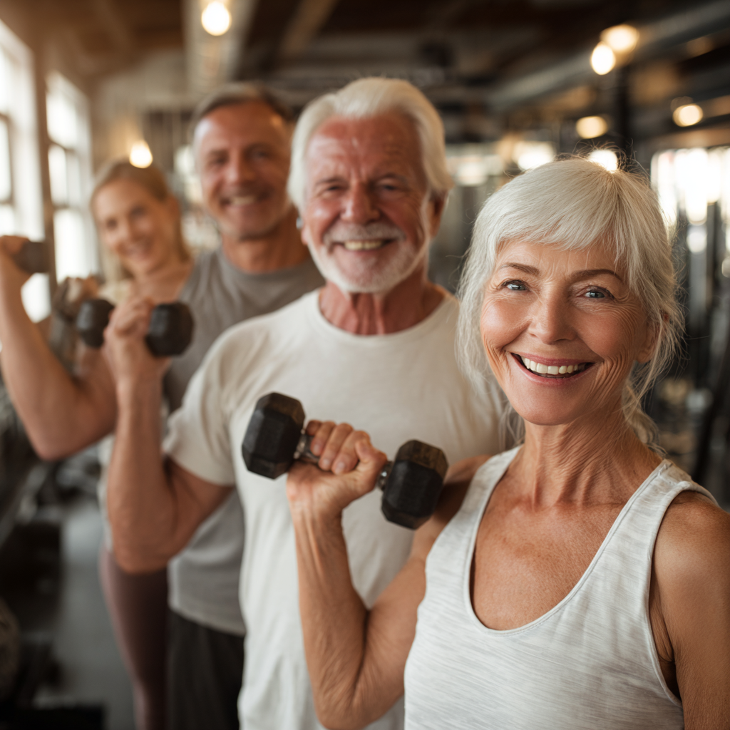 Mature adults celebrating fitness achievements in supportive group environment